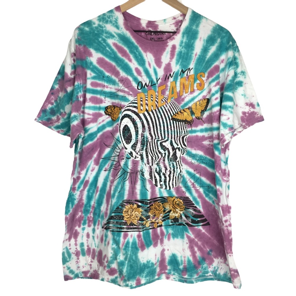 CHEMISTRY Tie Dye T Shirt Skull Butterflies Sun Roses Only In My Dreams Size 2XL